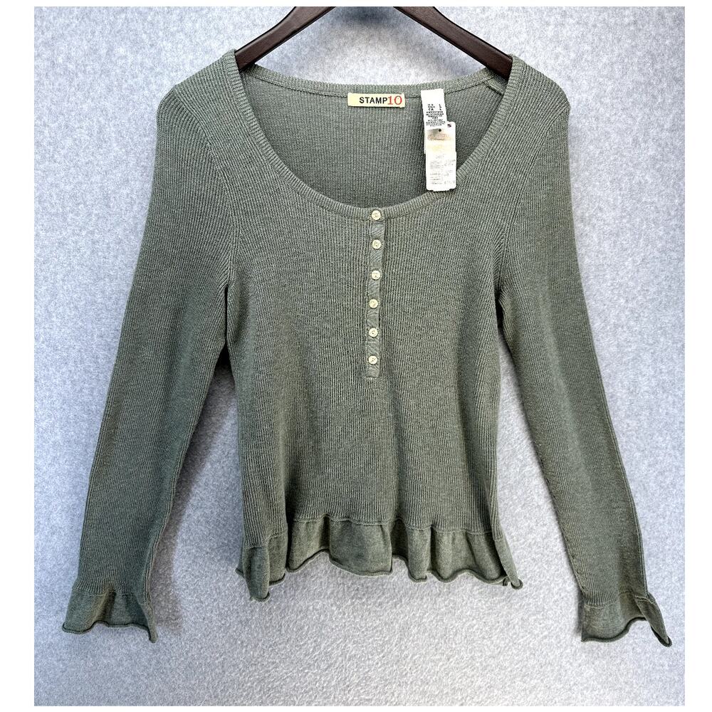 Stamp 10 Womens Sweater Top Size Large Green Lightweight Half Button Up Vintage